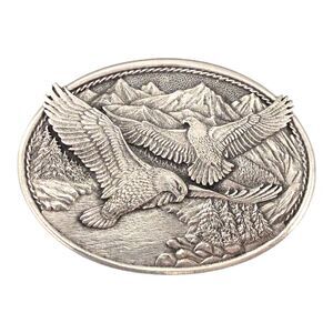 Eagle Belt Buckle Oval Pewter Flying Spreading Wings Mountain Scene by Heritage